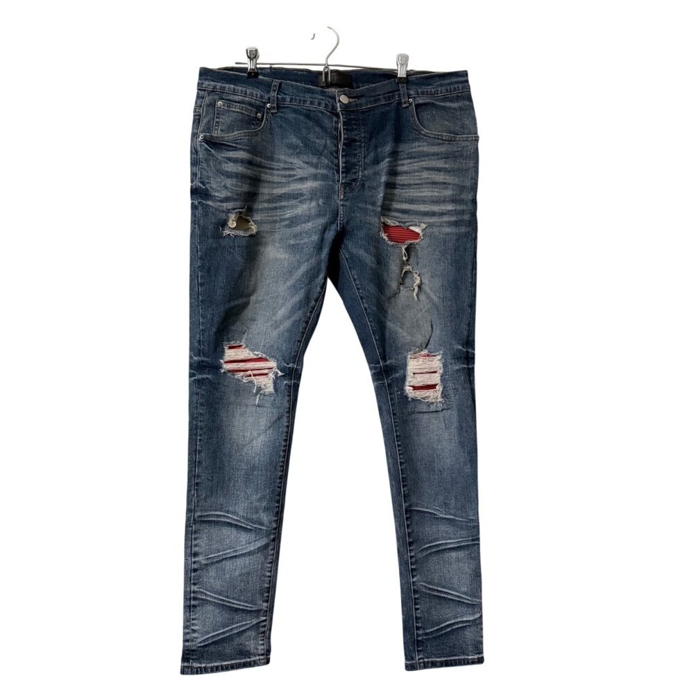 Amiri Medium Wash Distressed Red Patches Jeans Mens Size 38